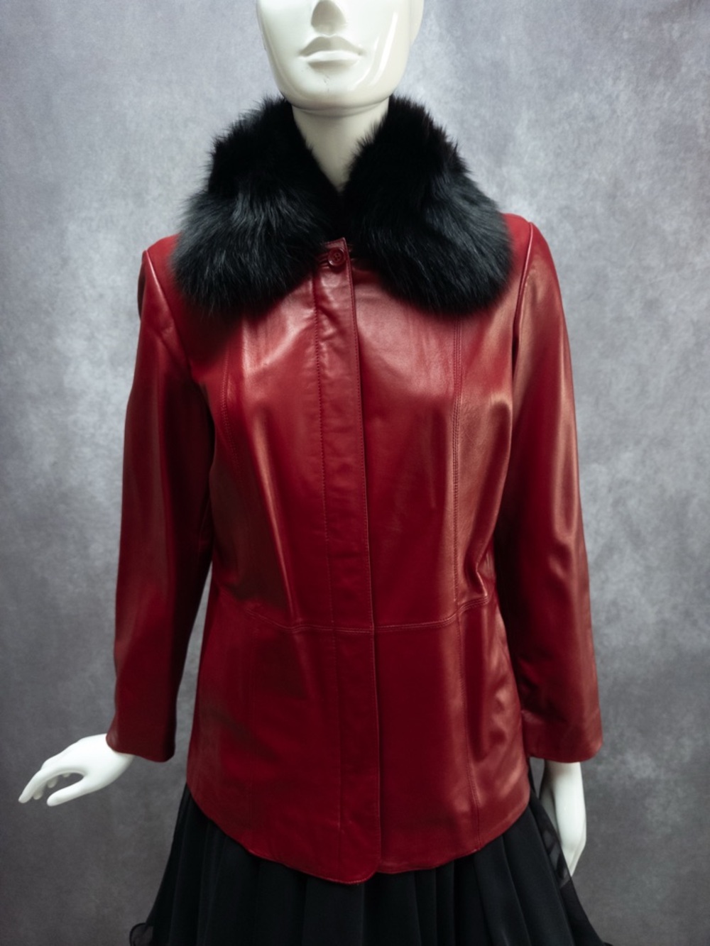 Vintage Y2K Preston & York Red Lambskin Leather Jacket, Genuine Fox Fur Collar